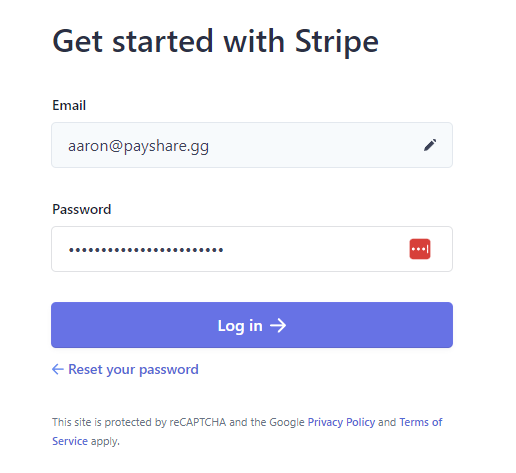 second stripe onboarding page. login to your existing stripe account