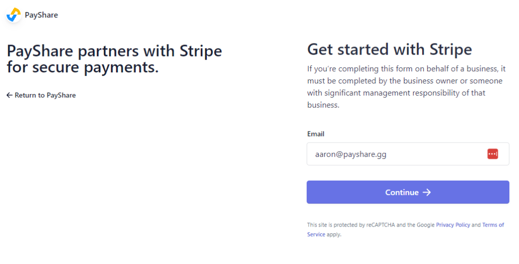 first stripe onboarding page. "get started with stripe"