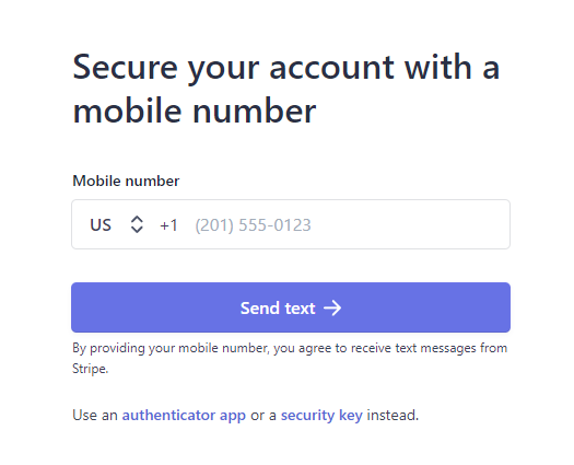 third stripe onboarding page. secure your account with a mobile phone number