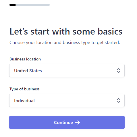 fourth stripe onboarding page. enter basics about your business