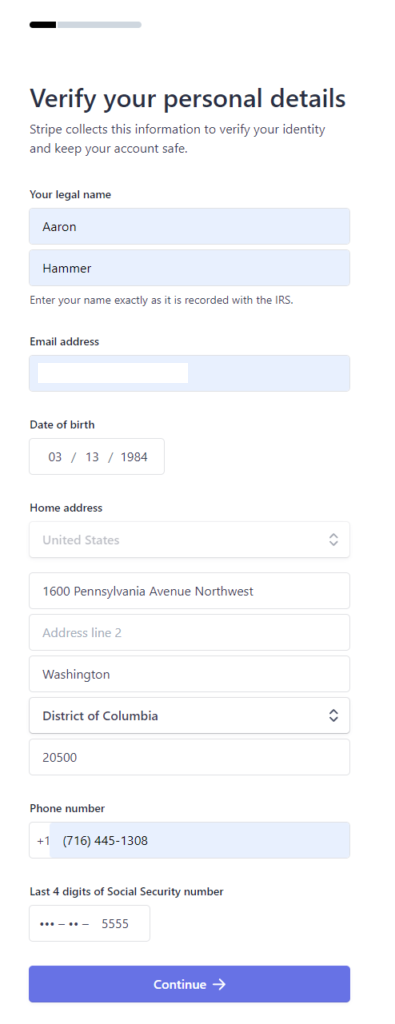 fifth stripe onboarding page. verify your personal details