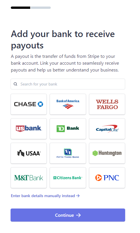 sevenths stripe onboarding page. enter your bank account to recieve stripe payouts